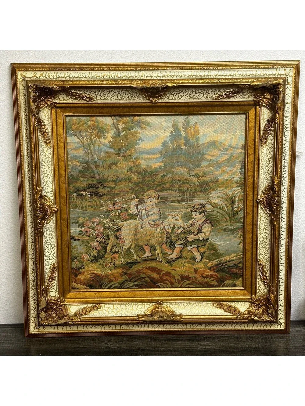 Made in Italy Woven Tapestry Children Goat Ornate Gold Frame 29x29 Wall Art